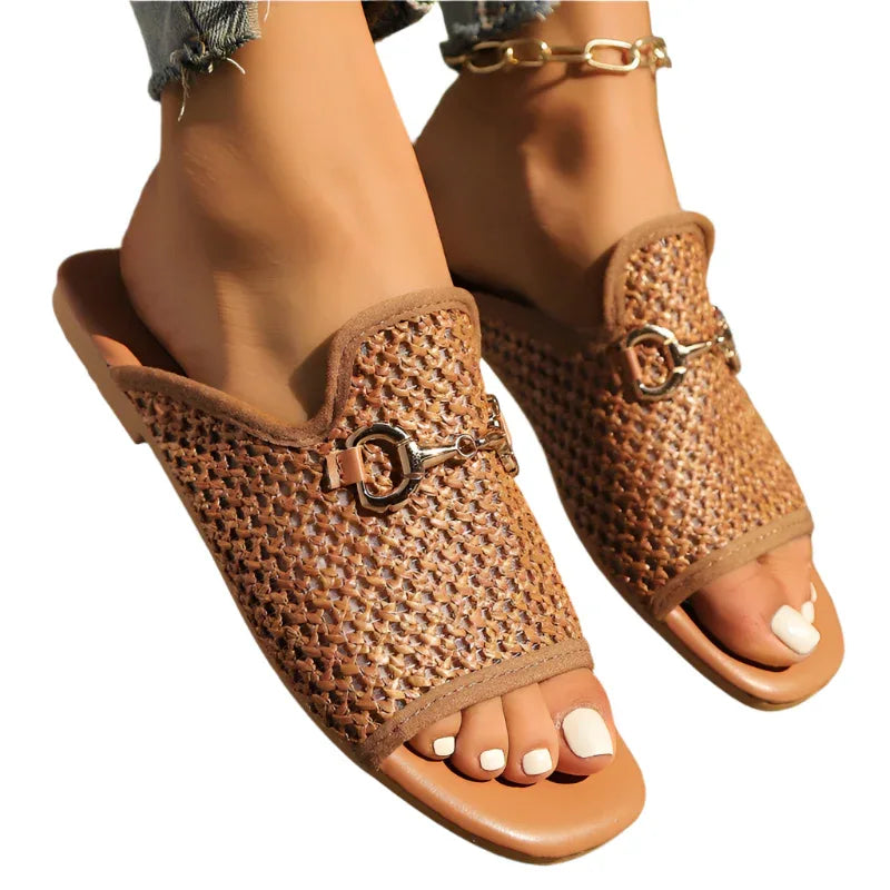Hohle Square Toe Sandalen Sommer Mode Solide Flache Slides Damen Strandschuhe