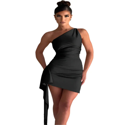 One-Shoulder Ärmelloses Minikleid Sexy Slim Rückenfreies Party-Hochzeitskleid Damenbekleidung
