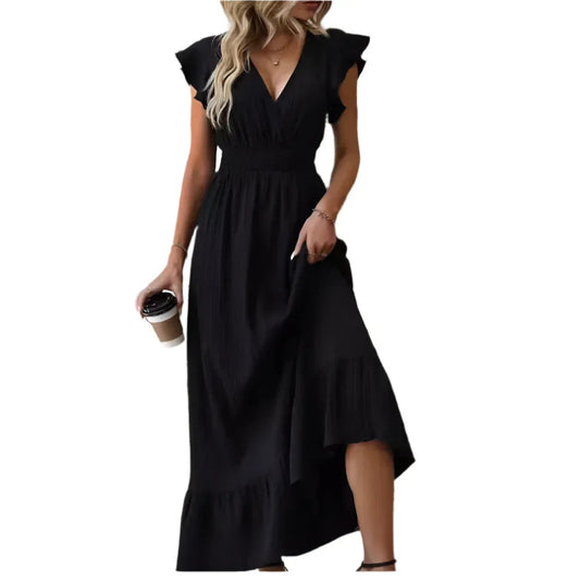 Freizeitkleid mit V-Ausschnitt, Rüschenärmeln und unifarbenem Design