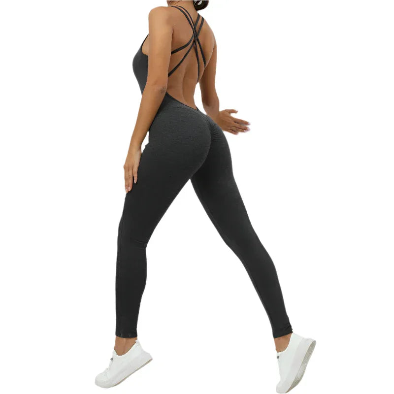 Yoga-Jumpsuit mit überkreuztem Rückendesign, schnelltrocknend, eng anliegend, für Lauf- und Fitnesssport, Damen-Sportbekleidung