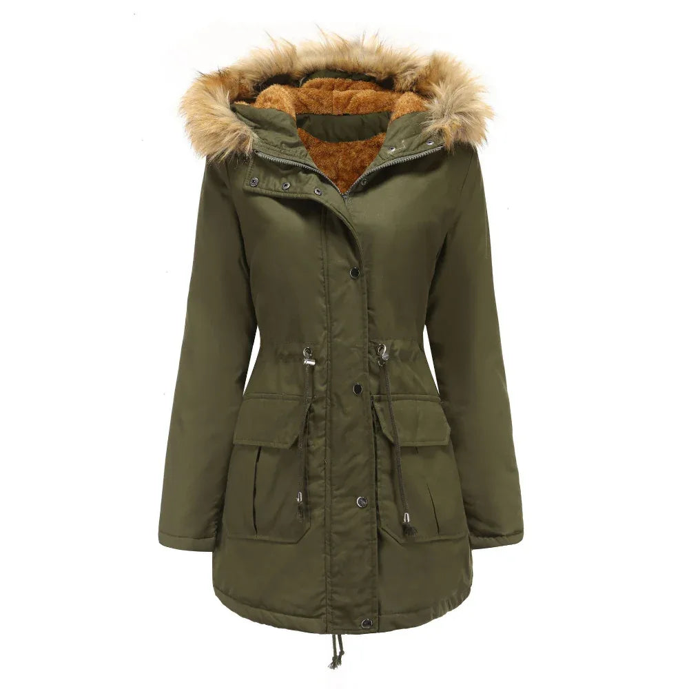 Damen Winterjacke mit Kapuze, Pelzkragen und Fleecefutter