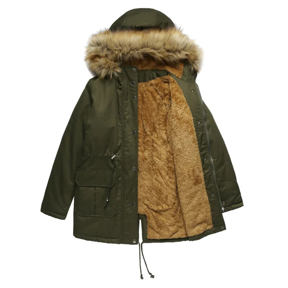 Damen Winterjacke mit Kapuze, Pelzkragen und Fleecefutter