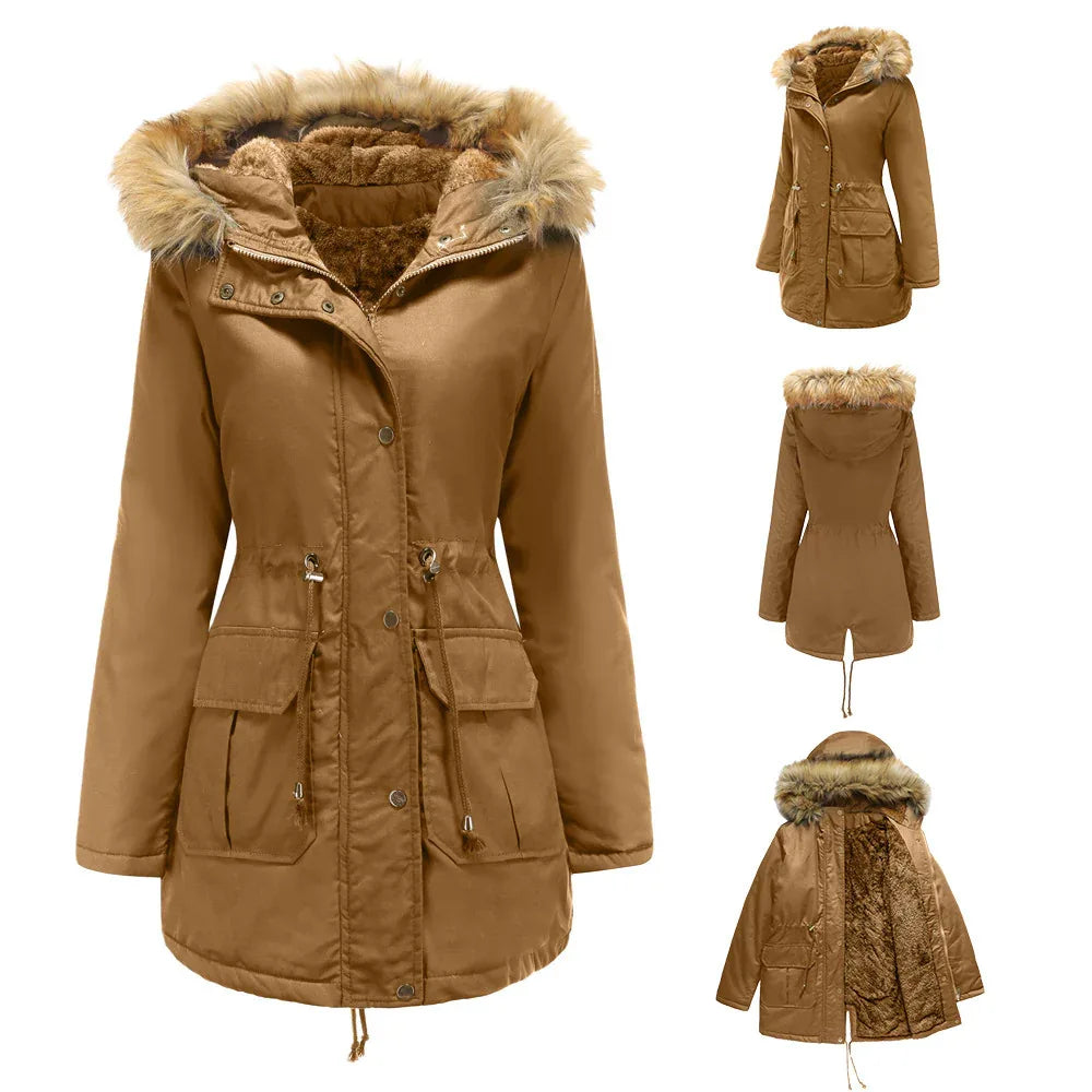Damen Winterjacke mit Kapuze, Pelzkragen und Fleecefutter