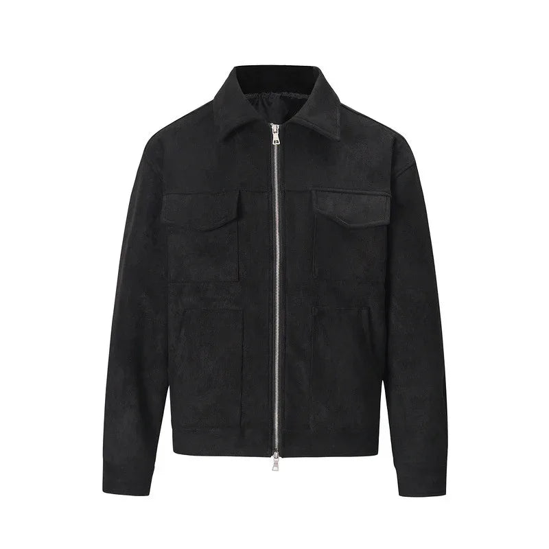 Vintage Solide Jacke mit mehreren Taschen und Reißverschluss