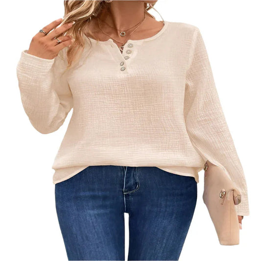 Damen Bequemer Langarm-Knopf-Pullover-Top T-Shirt
