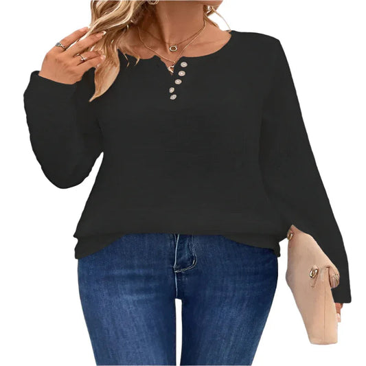 Damen Bequemer Langarm-Knopf-Pullover-Top T-Shirt