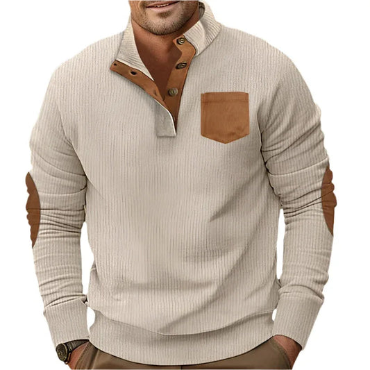 Herrenpullover mit Stehkragen und Knopfleiste sowie Brusttasche