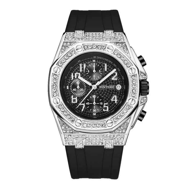 Herrenuhr mit großem Zifferblatt, Chronograph und Diamantbesatz