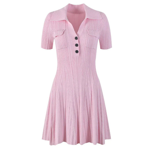Französisches Retro-Polo-Kleid mit einfarbigem Kragen, Taillenschlankung und kurzem A-Linien-Schnitt