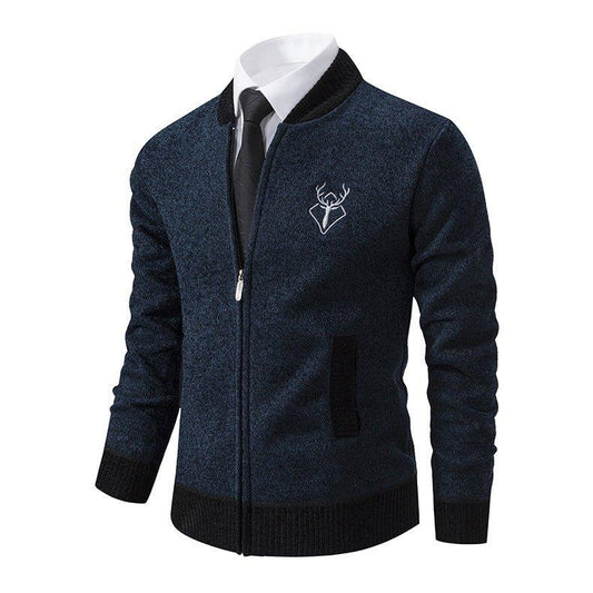 Herren Slim Stehkragen Pullover mit Elch-Stickerei