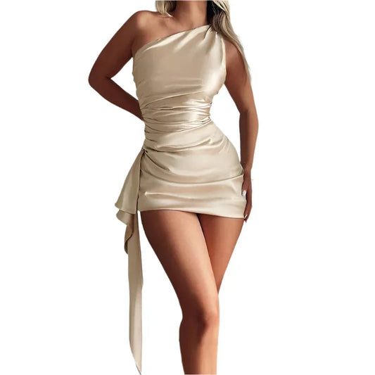One-Shoulder Ärmelloses Minikleid Sexy Slim Rückenfreies Party-Hochzeitskleid Damenbekleidung
