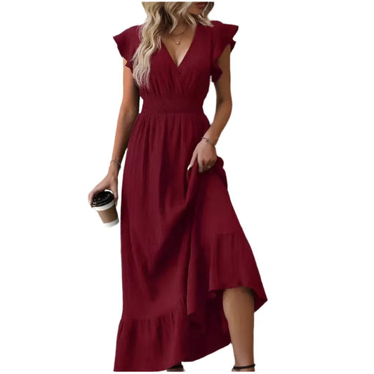 Freizeitkleid mit V-Ausschnitt, Rüschenärmeln und unifarbenem Design