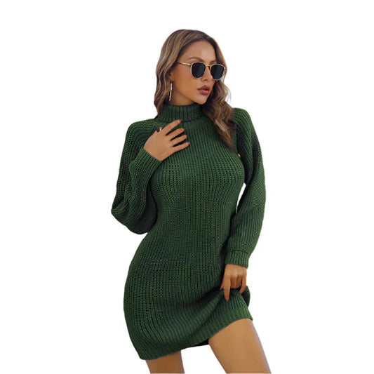 Damen Winter Rollkragen-Pulloverkleid mit lässigem Knopfdesign